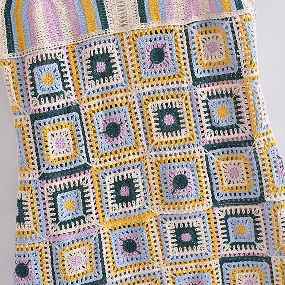 Granny Square Mini Dress Cami Straps Handmade Crochet Pastel Colors White Lavender Baby Blue Forest Green And Golden One Size Wrap Mini Dress With Sleeves