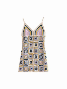 Trek Mini Dress Granny Square Mini Dress Cami Straps Handmade Crochet Pastel Colors White Lavender Baby Blue Forest Green And Golden One Size