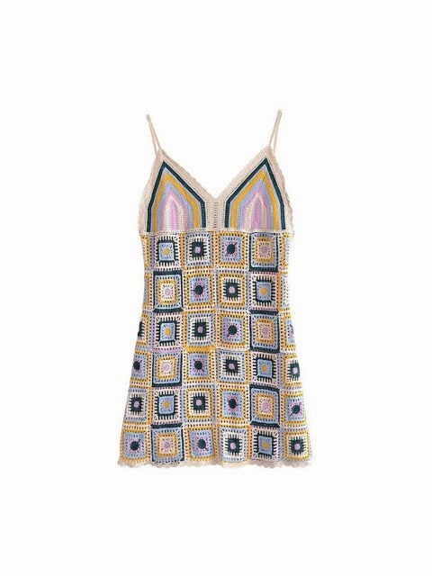 La Barben Mini Dress Granny Square Mini Dress Cami Straps Handmade Crochet Pastel Colors White Lavender Baby Blue Forest Green And Golden One Size