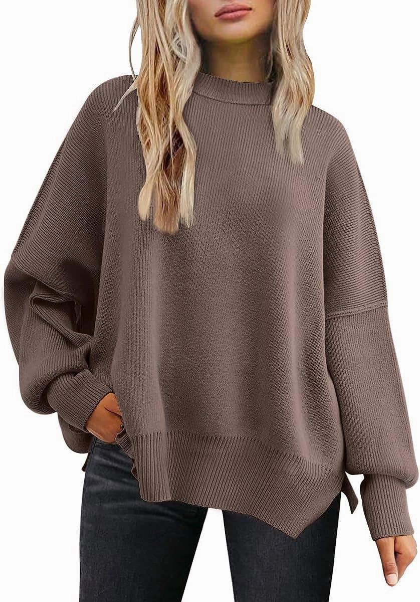 City Of Chicago T Shirts Crewneck Batwing Long-Sleeved Slit Sweater: Brown / S