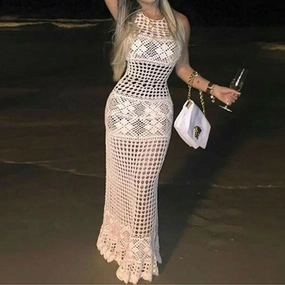 Element Maxi Dress Crochet Maxi Dress White Boho Long Gown See Through Net Great For Beach Or Festivals Choose Small Medium Large Or Extra Large XL