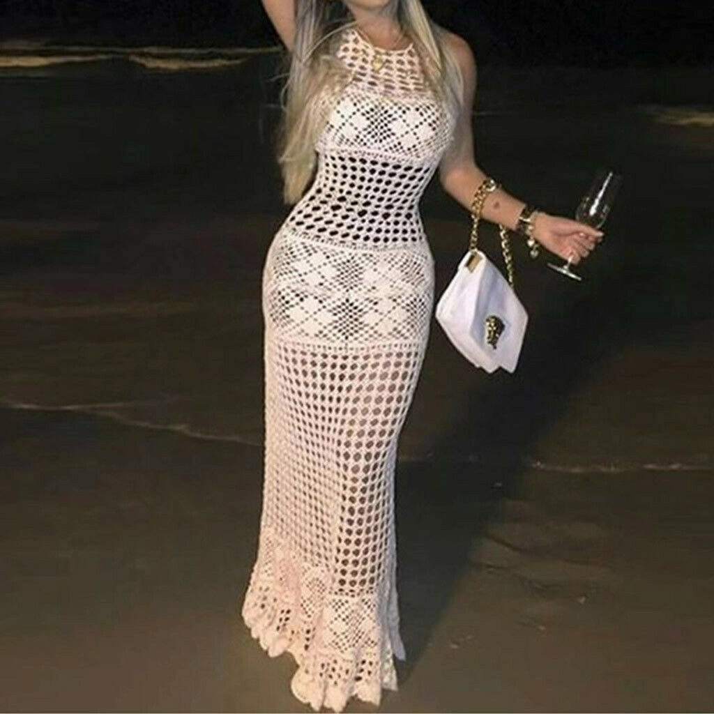 Crochet Maxi Dress White Boho Long Gown See Through Net Great For Beach Or Festivals Choose Small Medium Large Or Extra Large XL Satin Lace Maxi Dress