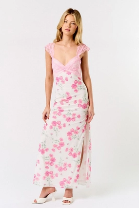Draped Shoulder Maxi Dress Garden Party Lace Floral Maxi Dress