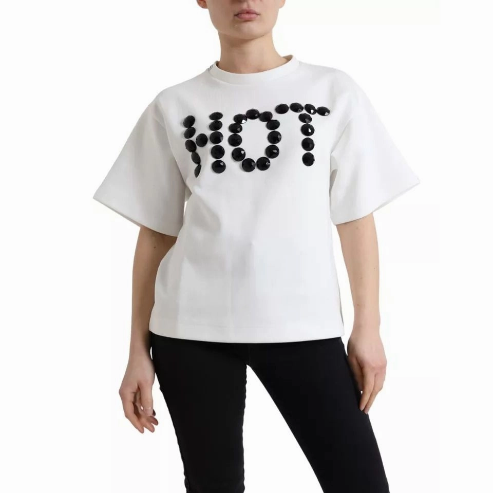 Sports Graphic T Shirts Dolce & Gabbana White Cotton Stretch Black HOT Crystal T-shirt