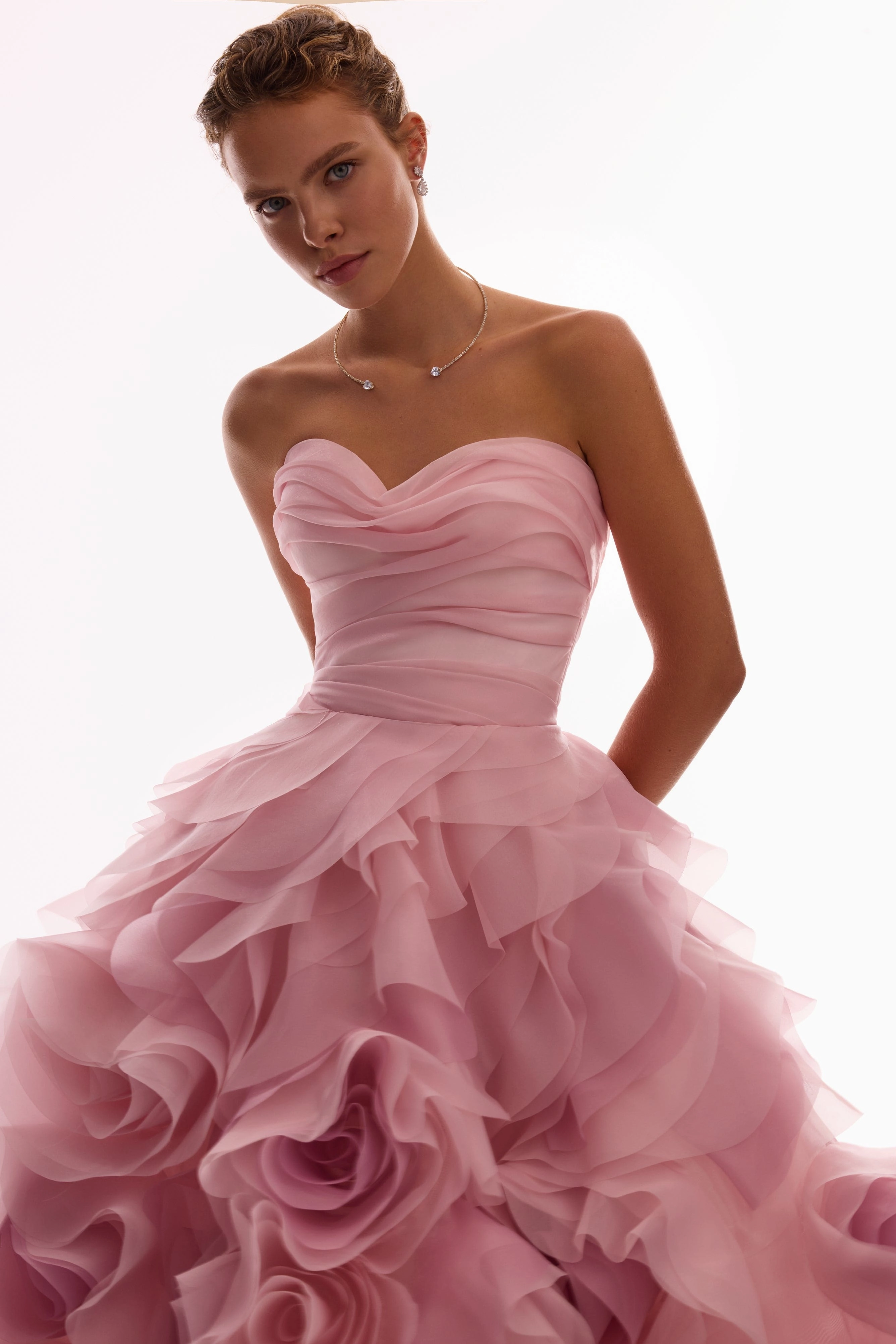 Sleeve Dress Dramatic flowered organza midi dress in misty rose, Glow-Up