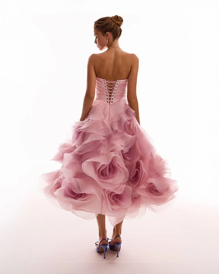 Strawberry Dress Dramatic flowered organza midi dress in misty rose, Glow-Up