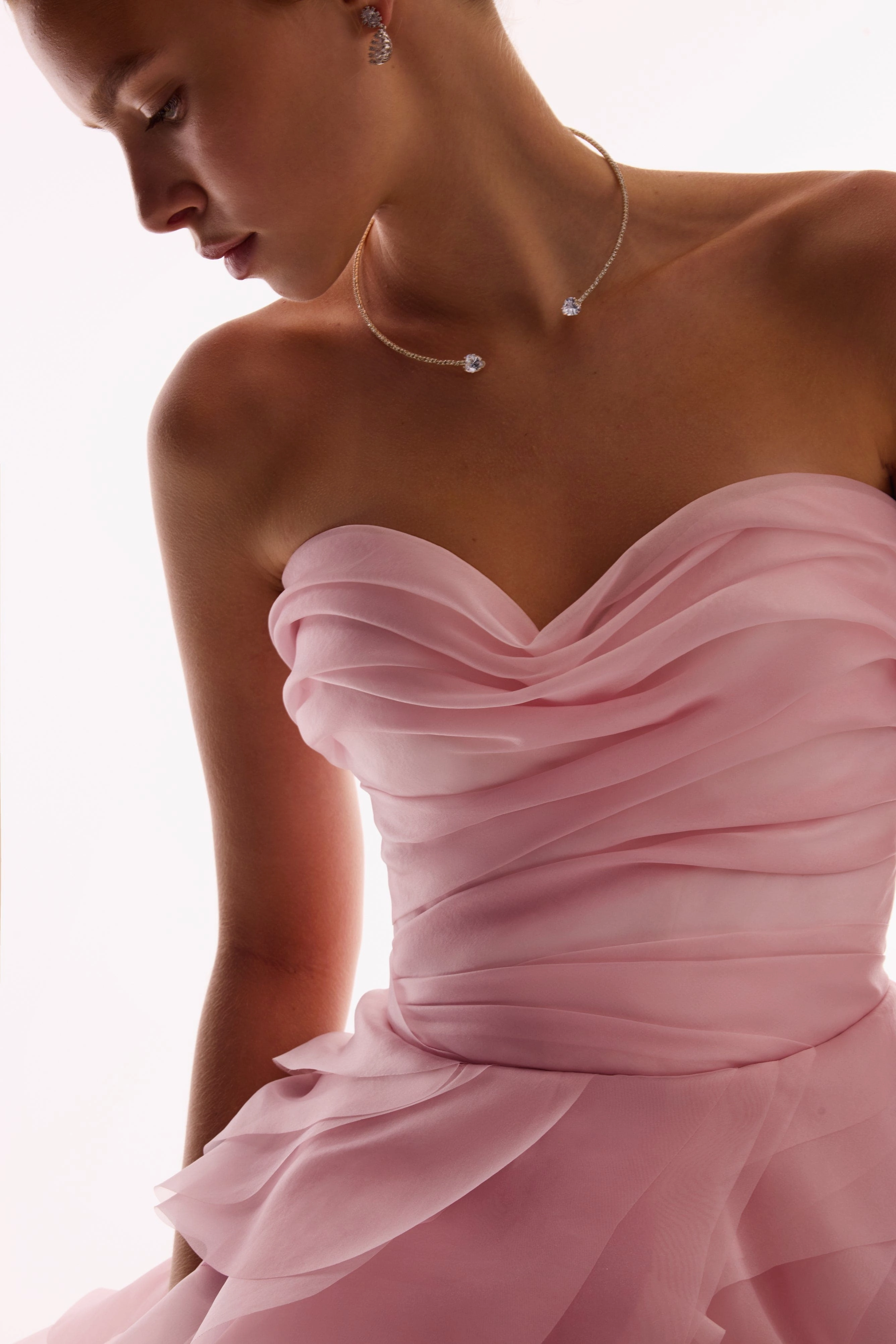 High Waisted Dress Dramatic flowered organza midi dress in misty rose, Glow-Up