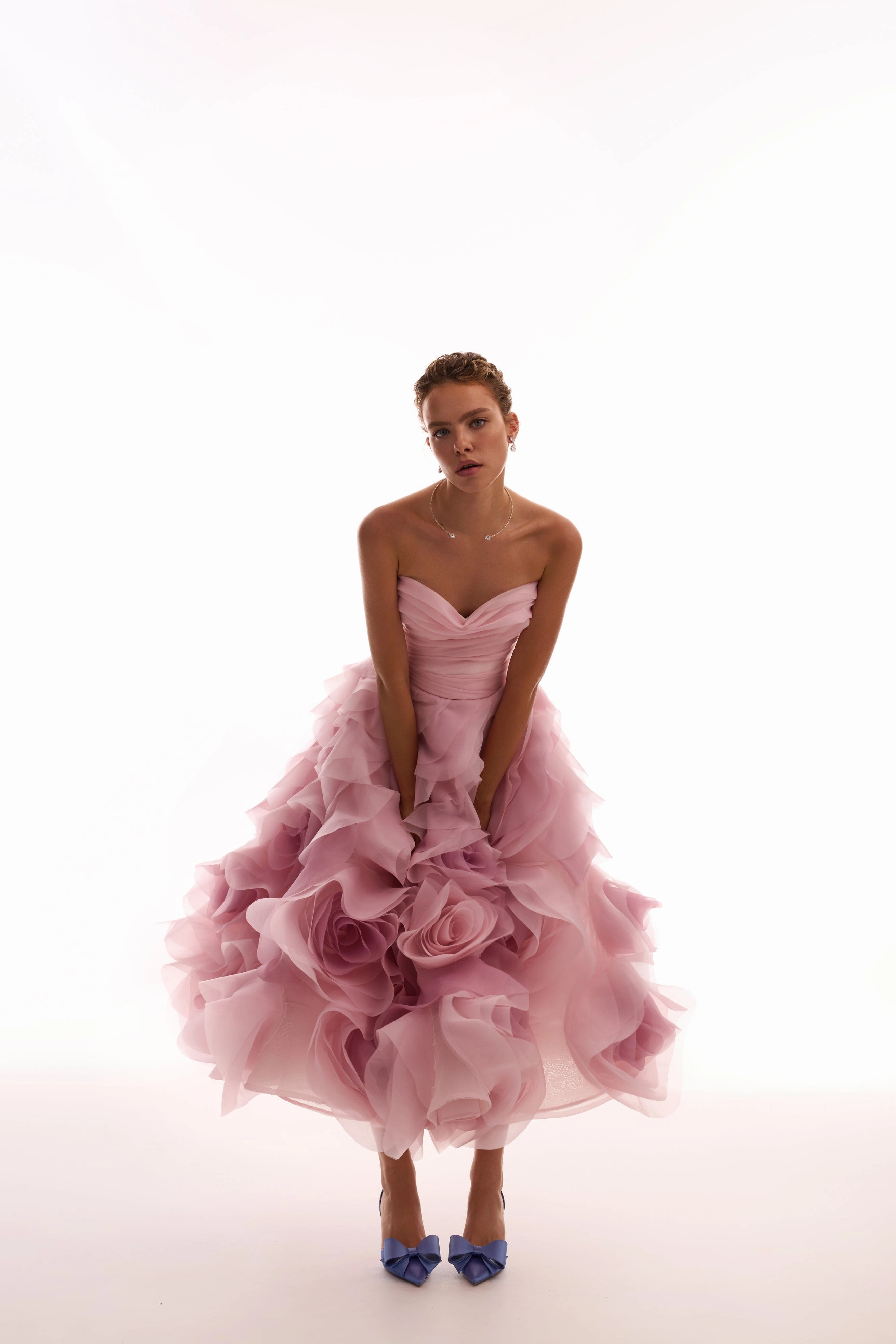 Dramatic flowered organza midi dress in misty rose, Glow-Up Pleated Dress