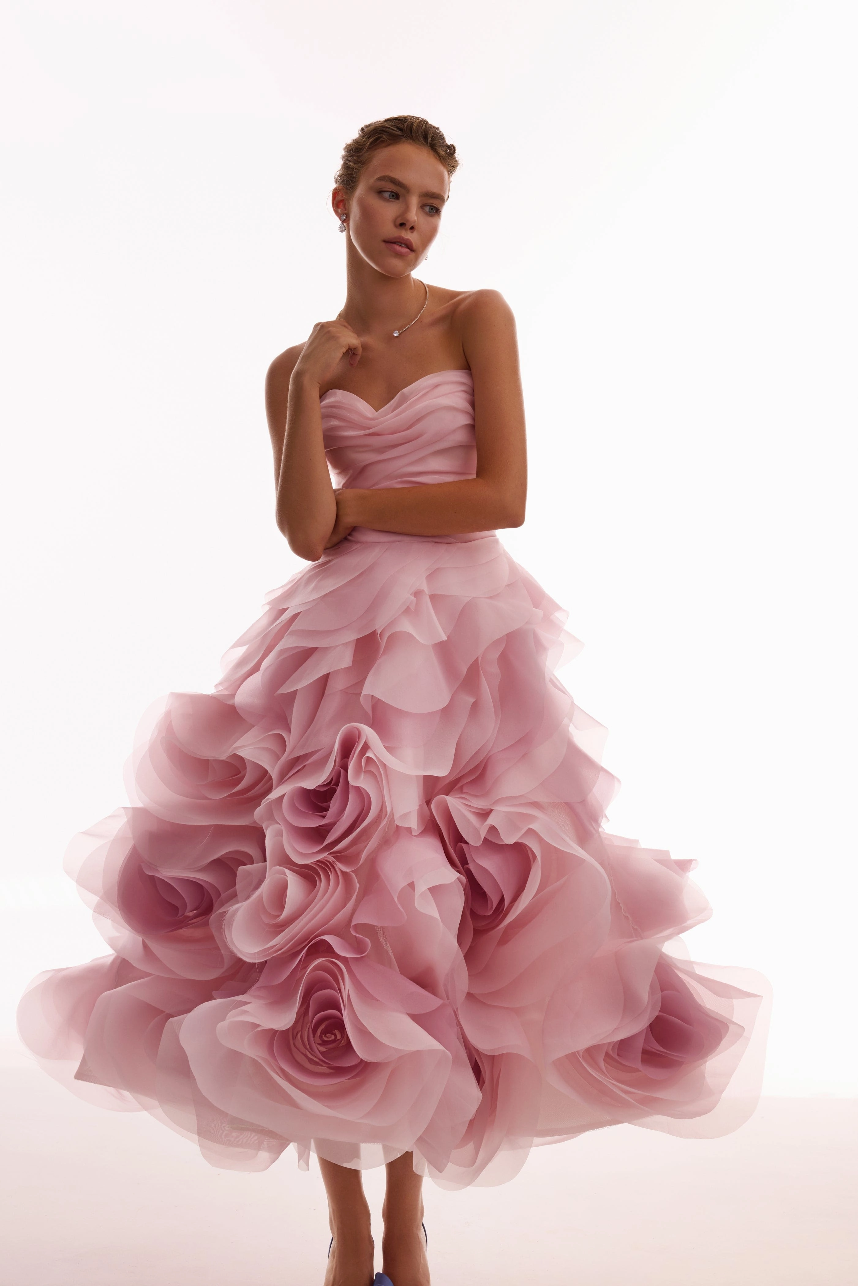 Dramatic flowered organza midi dress in misty rose, Glow-Up Chiffon Dress With Sleeves