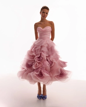 Dress For Derby Dramatic flowered organza midi dress in misty rose, Glow-Up