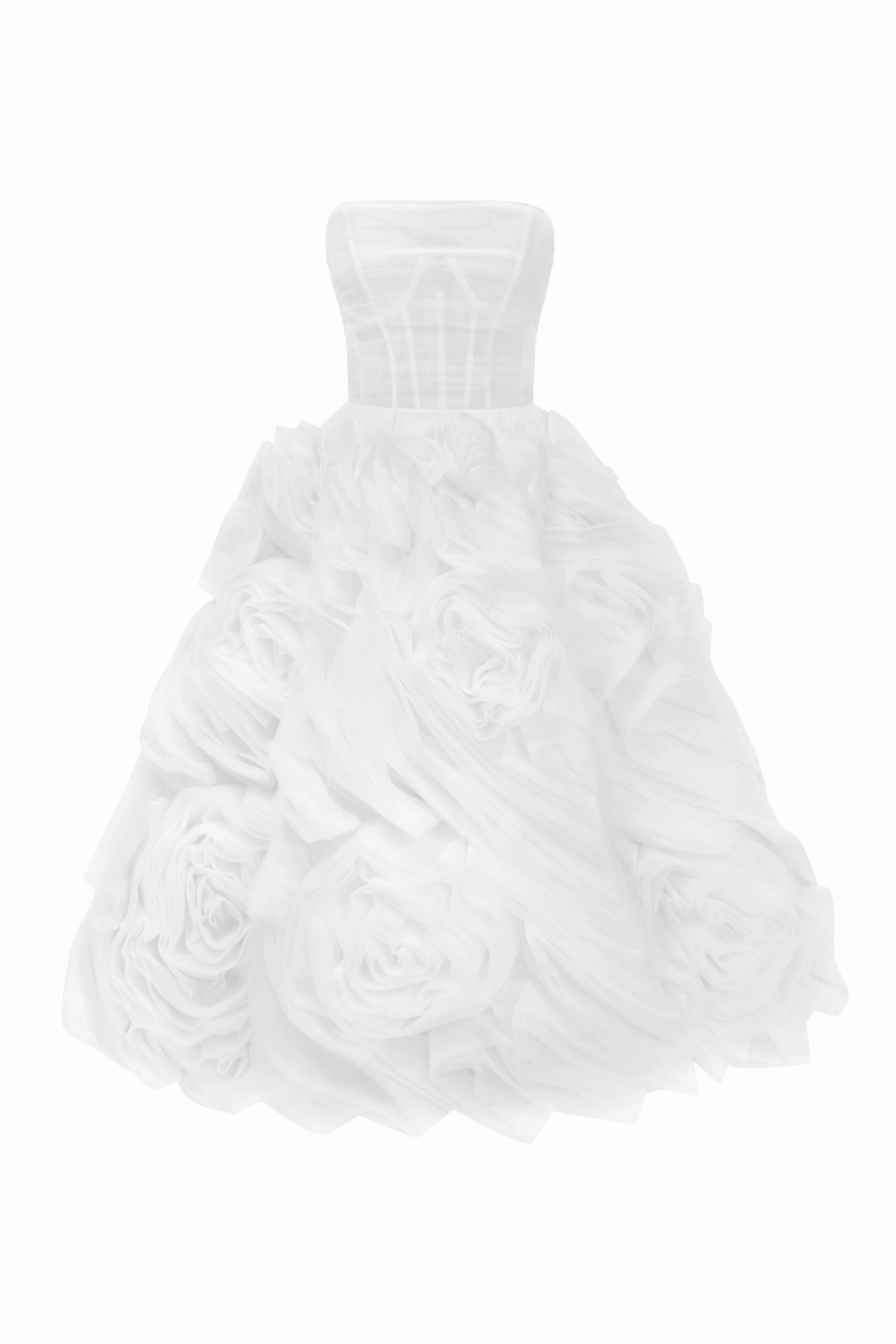 Gold Chain Dress Dramatically flowered tulle dress in white