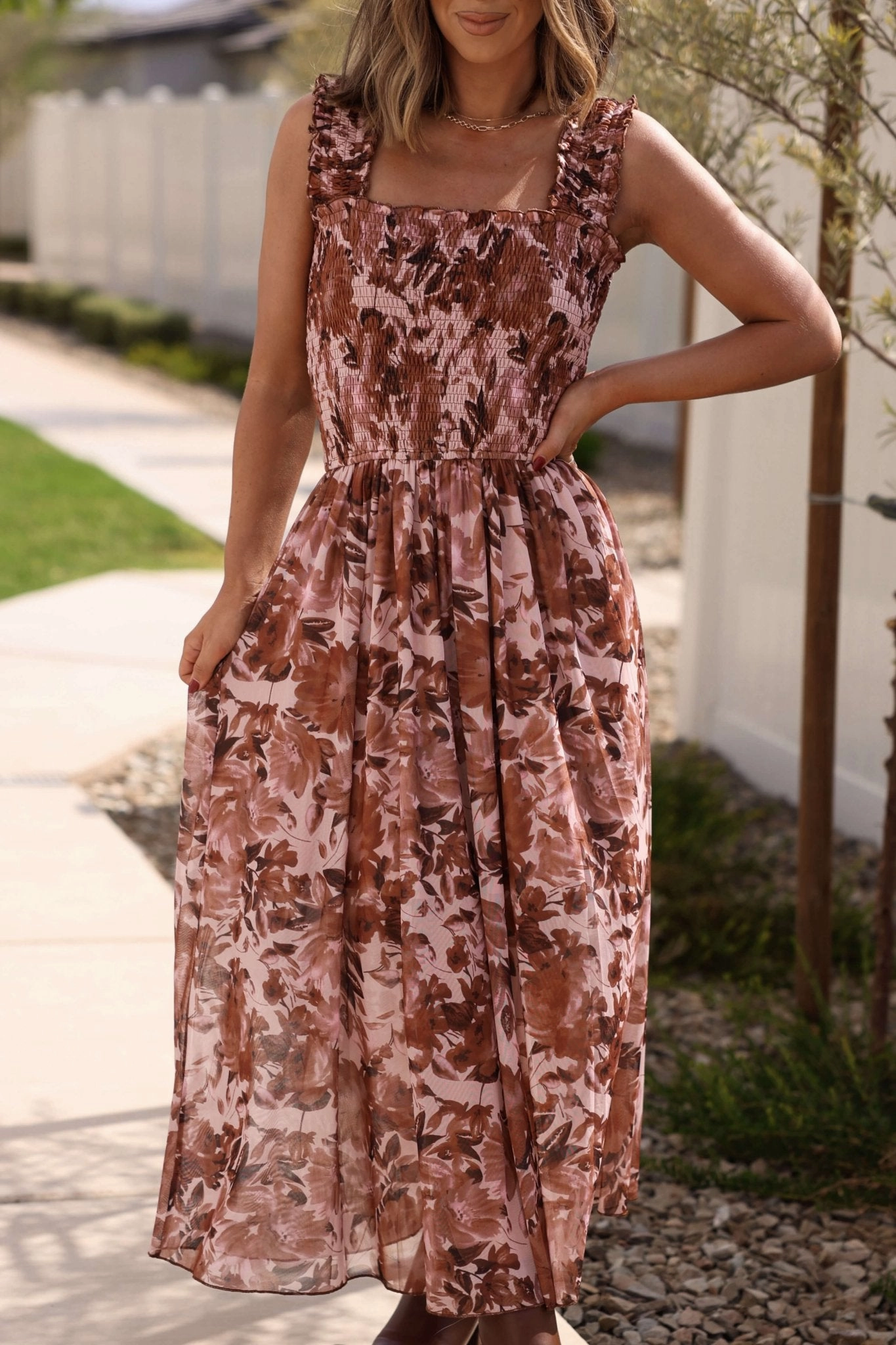 Drifter Brown Floral Print Tiered Maxi Dress Floral Halter Maxi Dress