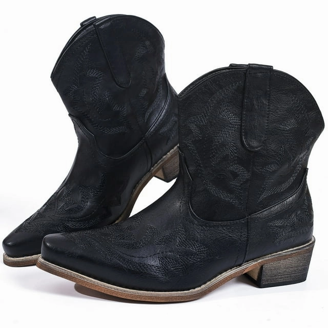 Ecetana Cowboy Boots for Women Ankle Cowgirl Booties Pointed Toe Embroidery Western Short Boots Cowgirl Boots Real Leather
