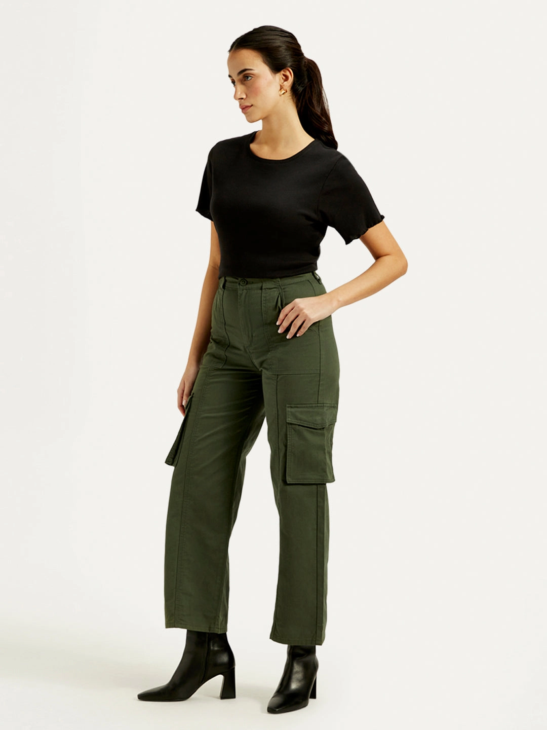 Women's High Rise OliveWide Leg Cargo Trousers Lexi Cargo Pants