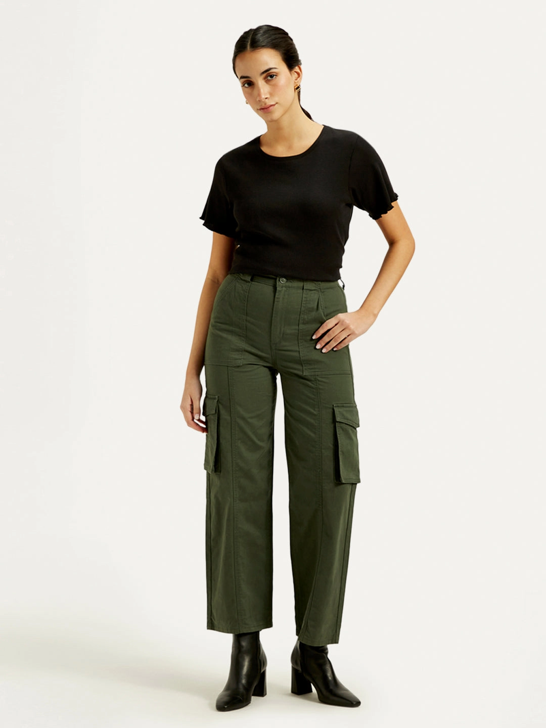 United Colors Of Benetton Cargo Pants Women's High Rise OliveWide Leg Cargo Trousers