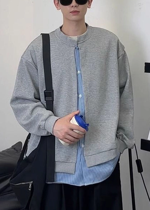 New Black Striped Patchwork Sweatshirts Mens Spring Cotton Button