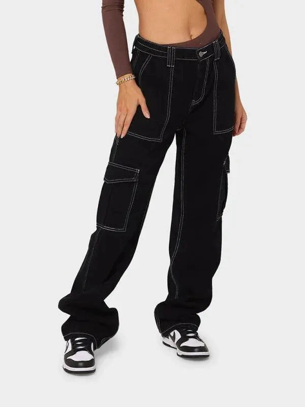 Cargo Pants With Combat Boots Streetwear Women Cargo Jeans - Mid-Rise Multiple Pockets