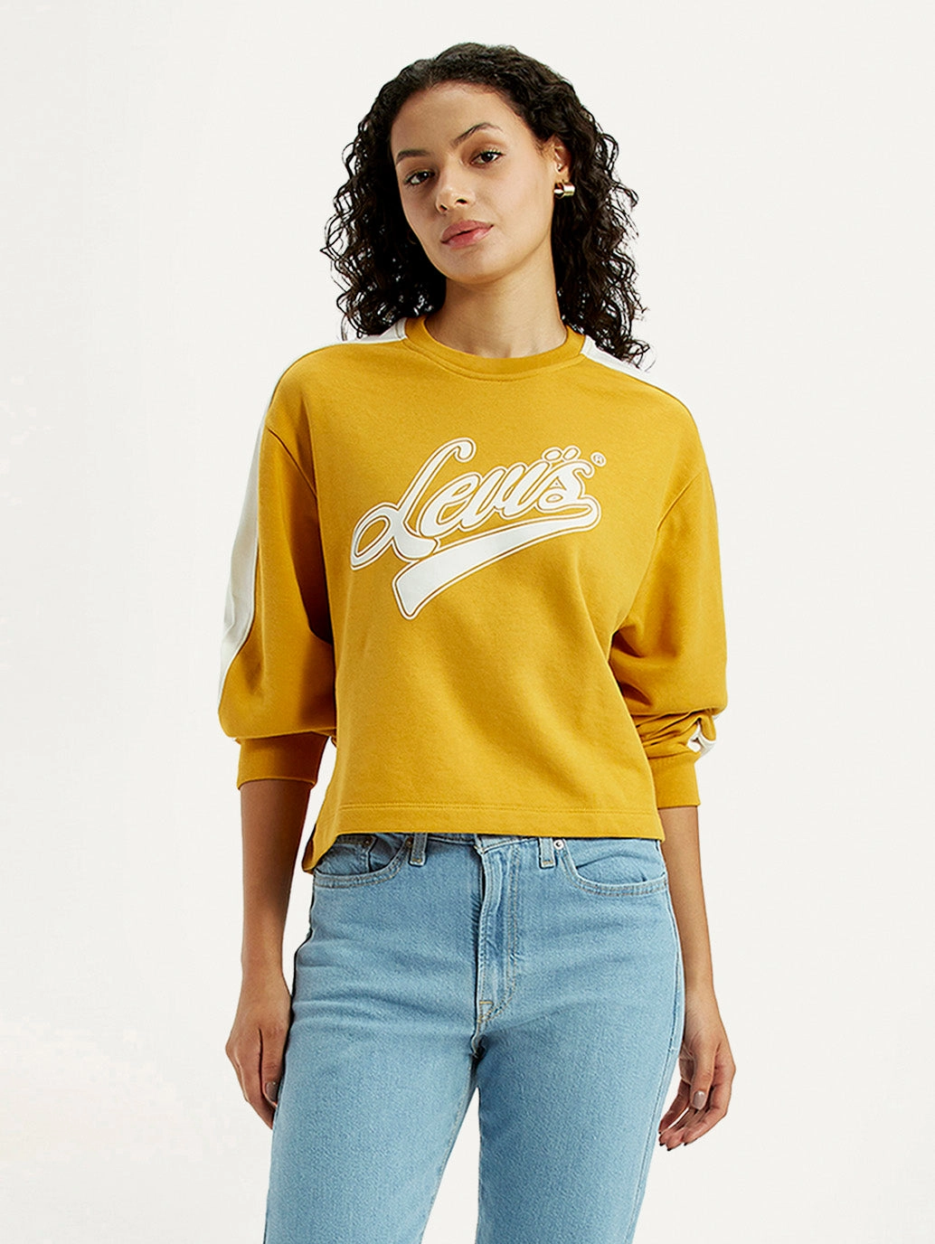 Mockneck Sweatshirts Women's Brand Logo Yellow Crew Neck Sweatshirt