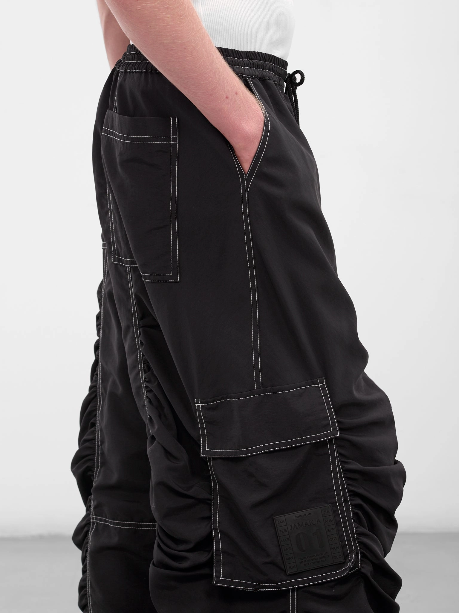 High Waisted Army Cargo Pants Black Nylon Ruched Cargo Pants (FLAW25MWCRGPT-BLACK)