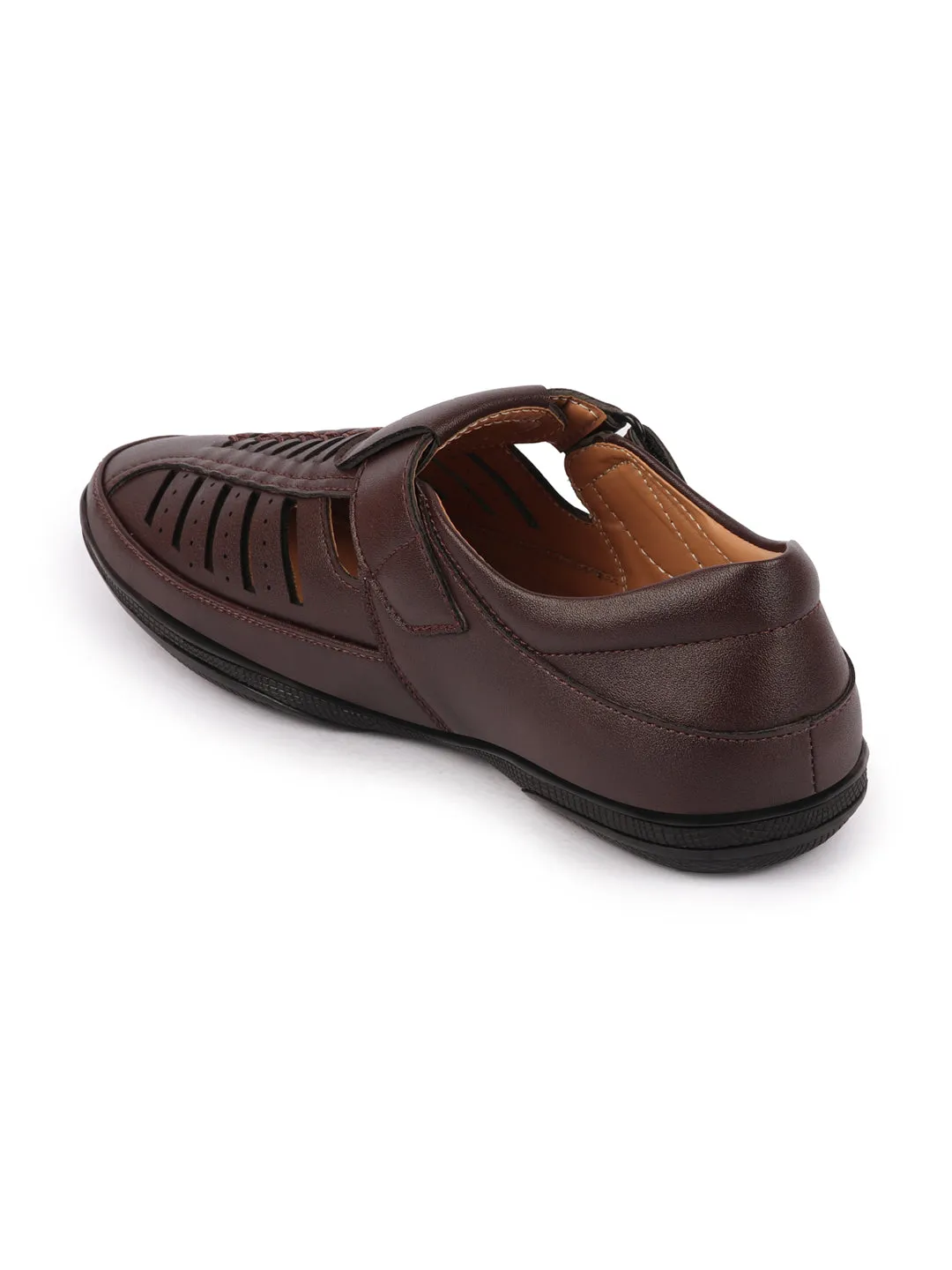 Stride Rite Sandals Men Brown Laser Cut and Stitched Design Roman Sandal with Buckle Strap