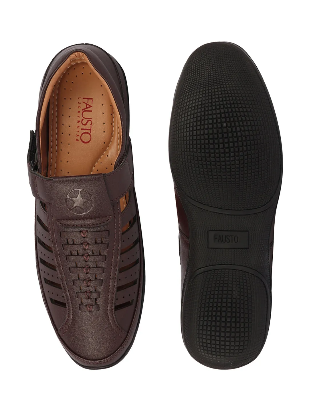 Men Brown Laser Cut and Stitched Design Roman Sandal with Buckle Strap Kurt Geiger London Sandals