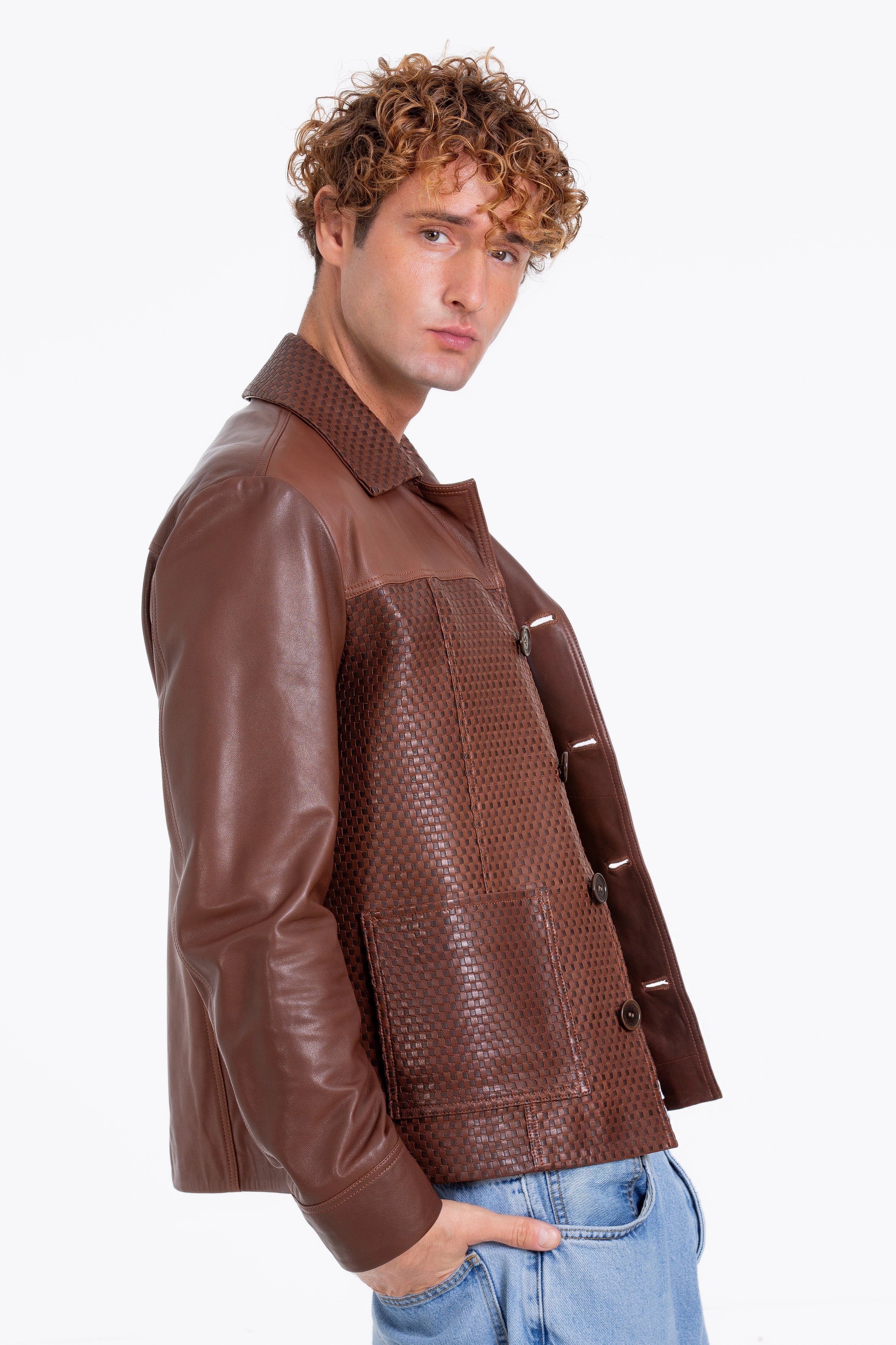 The Glasgow Tan Handwoven Leather Men Jacket Sharkskin