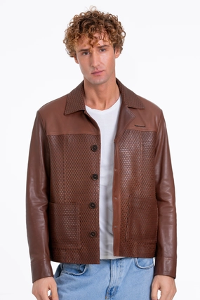 Navy Jackets The Glasgow Tan Handwoven Leather Men Jacket