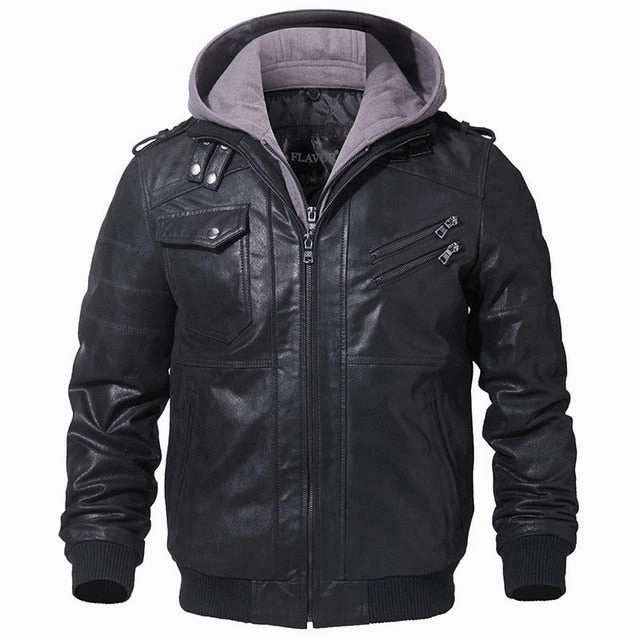 Removable Hood Winter Coat Men Warm Genuine Leather Jackets