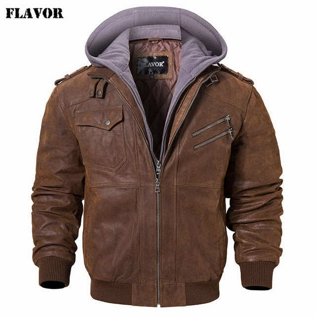 Removable Hood Winter Coat Men Warm Genuine Leather Jackets