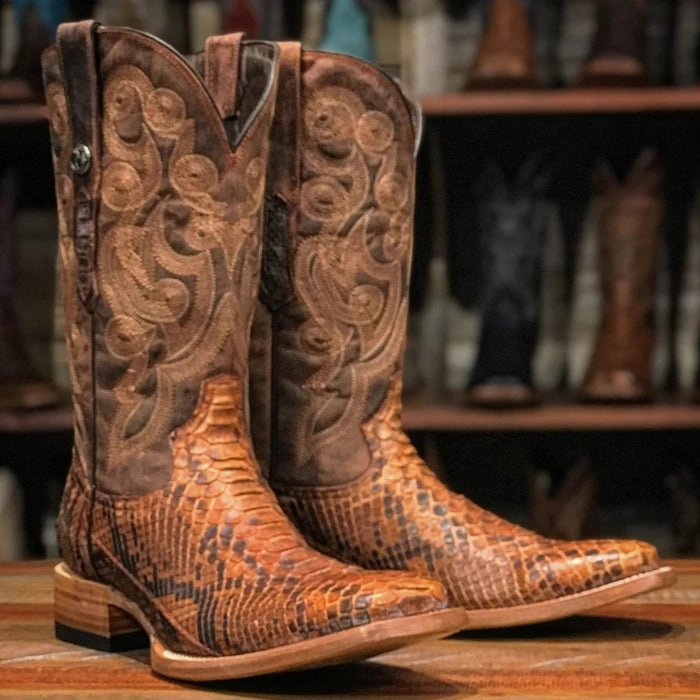 Western Boots Snip Toe Men's Medina Genuine Python Square Toe Boots Brandy