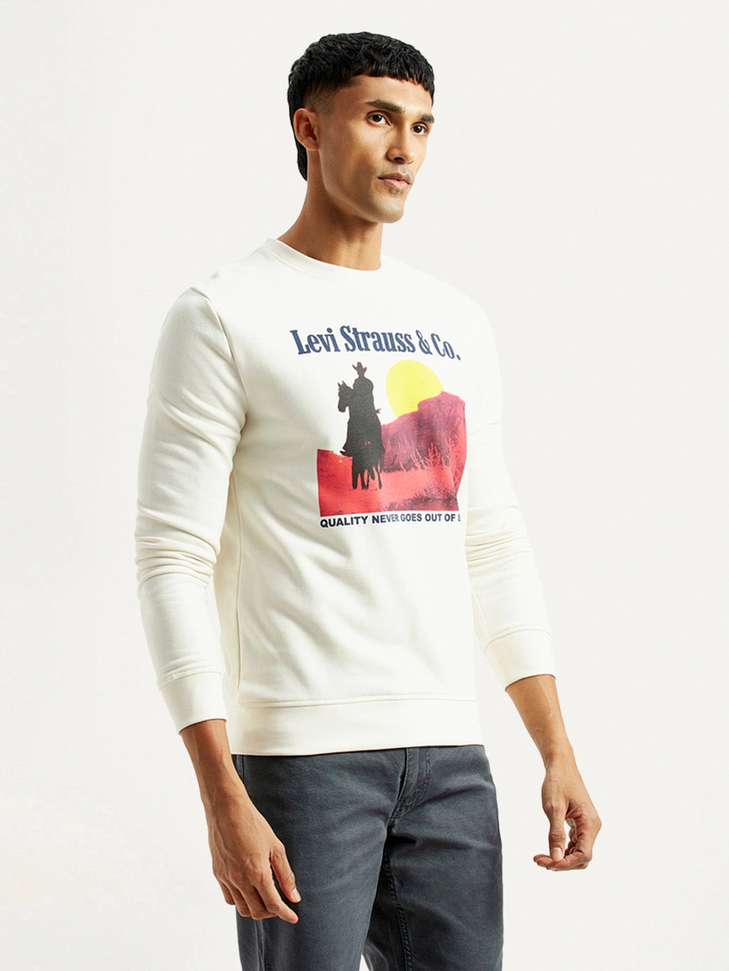 Banner Sweatshirts Men's Graphic Print Off White Slim Fit Sweatshirt