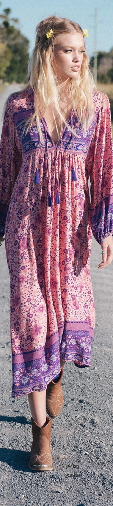 Boho Maxi Dress "Folk Town" Pink & Purple Floral Peasant Sleeved Long Festival Gown Small Medium Or Large Maxi Dress Glitter