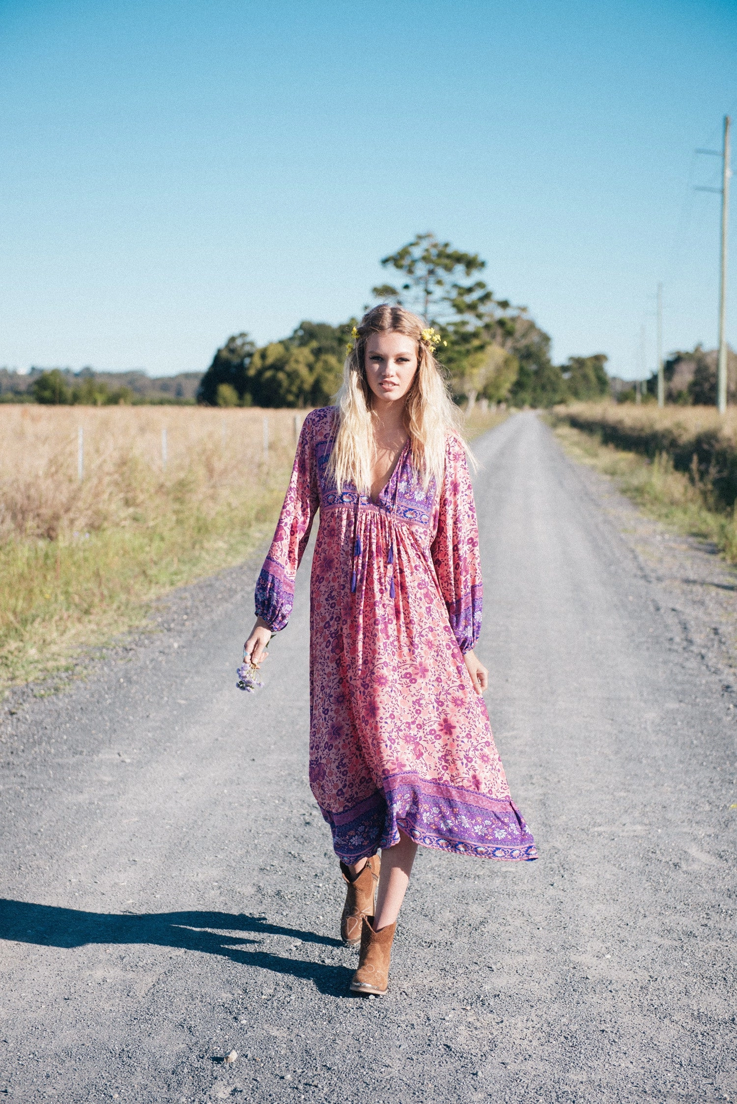 Boho Maxi Dress "Folk Town" Pink & Purple Floral Peasant Sleeved Long Festival Gown Small Medium Or Large Strapless Maxi Dress Product Info And Reviews