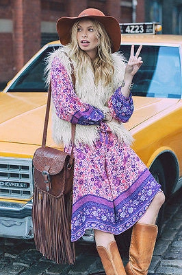 Boho Maxi Dress "Folk Town" Pink & Purple Floral Peasant Sleeved Long Festival Gown Small Medium Or Large Mabel Maxi Dress