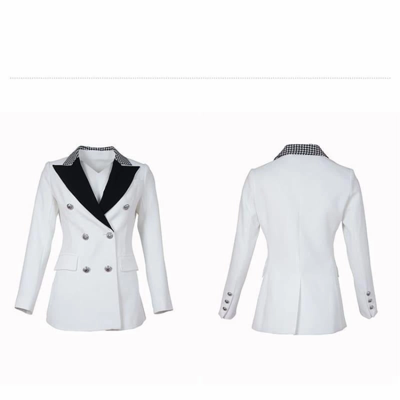 Elegant Black and White Double Breasted Women Tuxedo Blazer Jackets Discount Fur Jackets