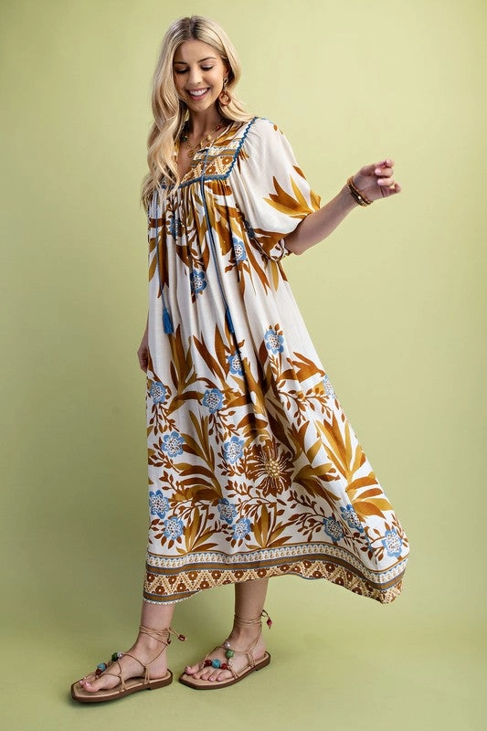 Jenna Boho Style Midi Dress Long Sleeve Printed Midi Dress