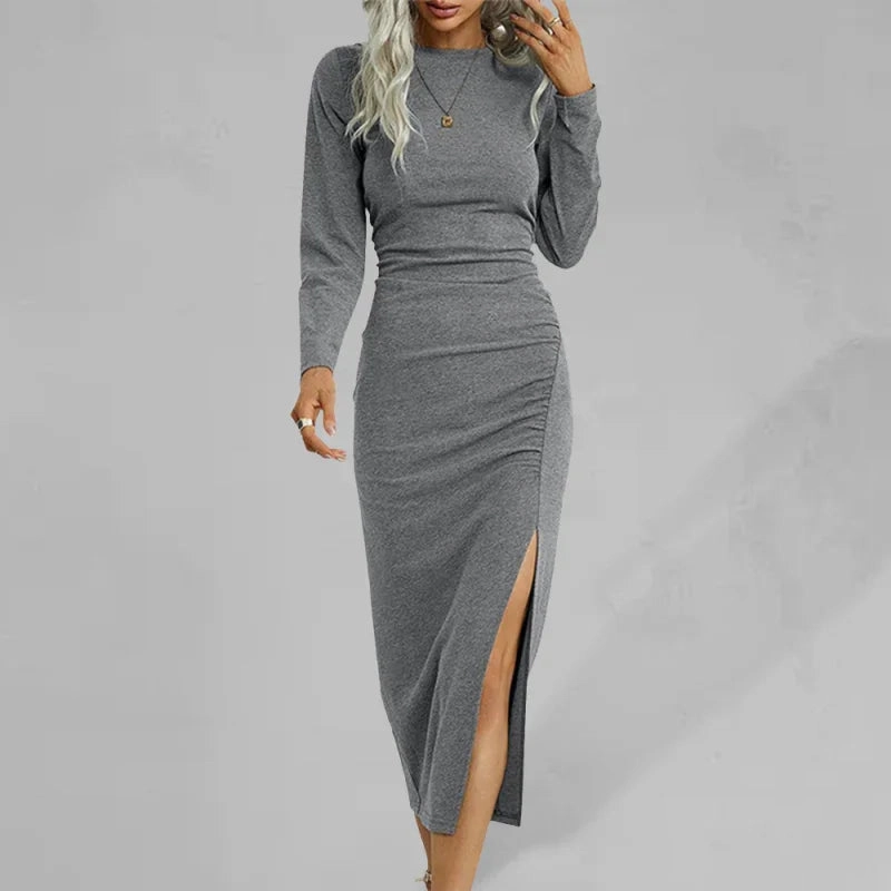 Elegant Sheath Midi Dress with Round Neckline and Side Slit Karina Tuck Midi Dress