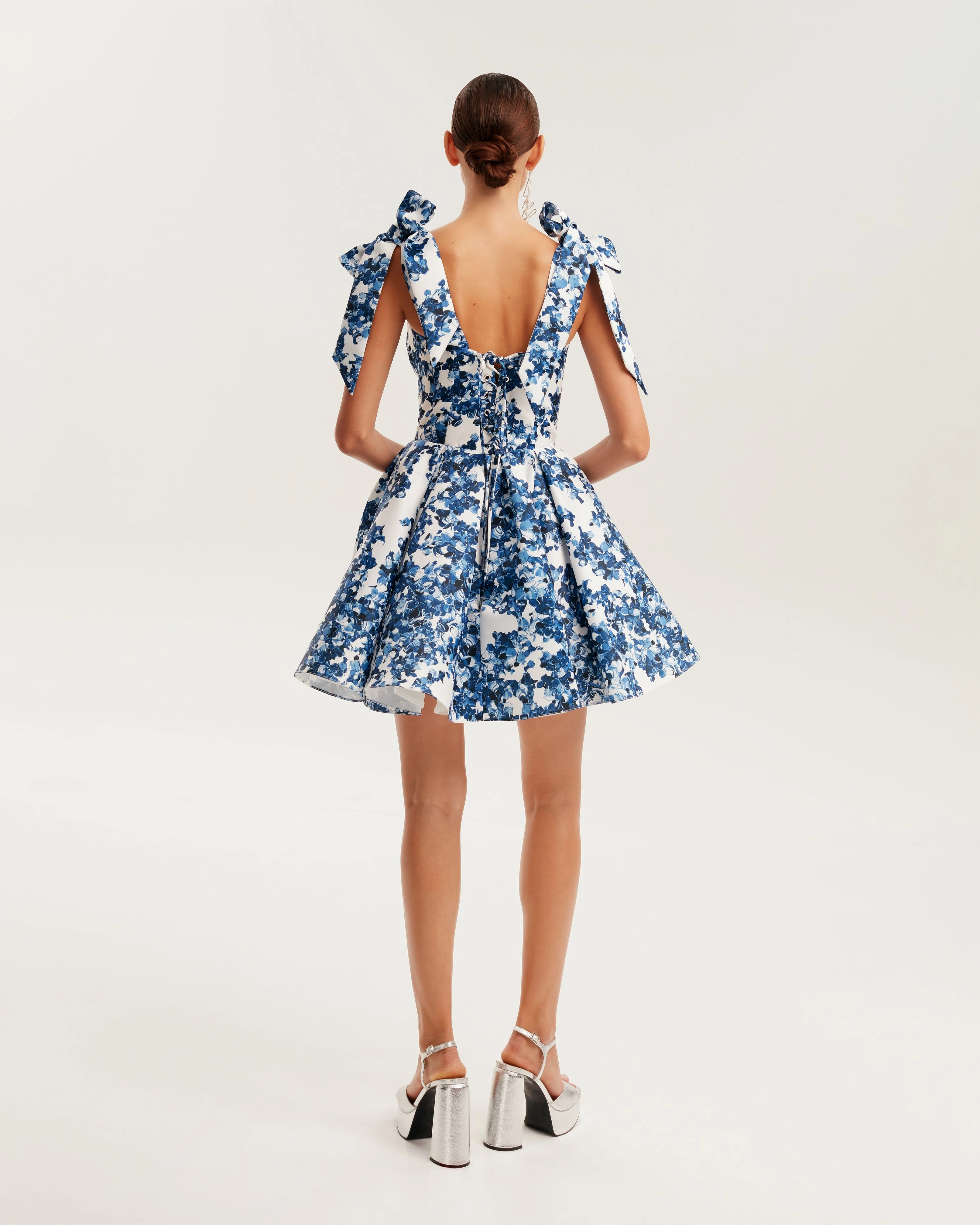 Marvelous blue hydrangea mini dress on straps, Garden of Eden Bow Back Dress