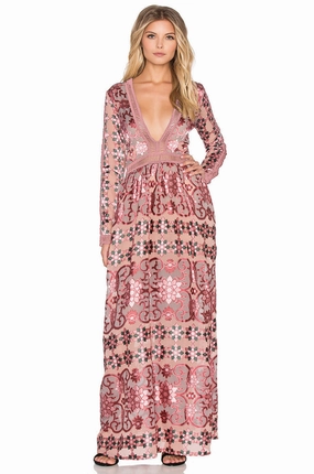 Boho Maxi Dress "Juliet" Pink Mosaic Print With Blush Pink Ladder Crochet Plunging V Neck Elegant Gown Sizes Small Medium Or Large Strapless Fitted Maxi Dress