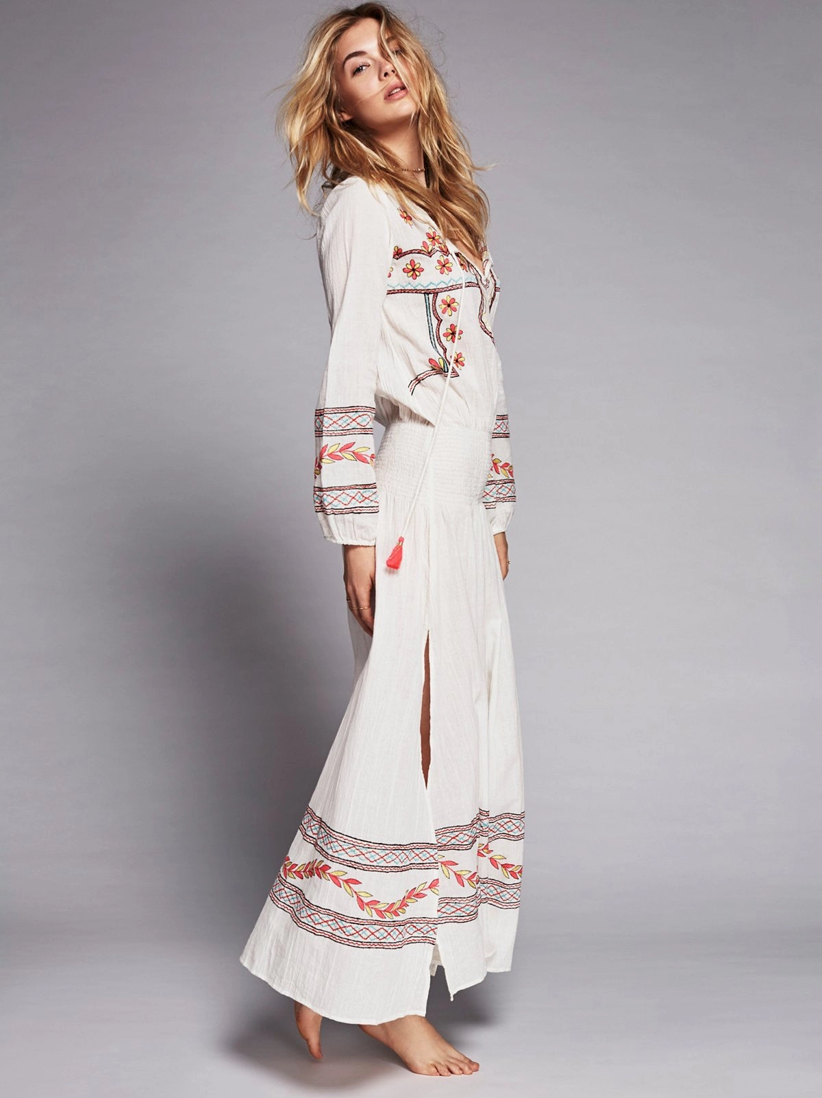Embroidered Maxi Dress India Embroidered Boho Maxi Dress "Mystical" White With Colorful Embroidery Bohemian Tassel Ties XS Small Medium Large Or Extra Large XL