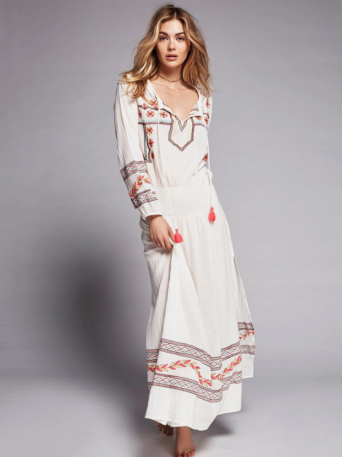Ruched Floral Maxi Dress Embroidered Boho Maxi Dress "Mystical" White With Colorful Embroidery Bohemian Tassel Ties XS Small Medium Large Or Extra Large XL