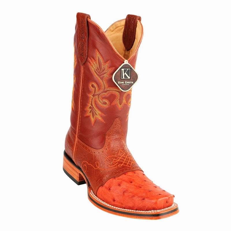 Men's King Exotic Ostrich Square Toe Boots With Saddle Handmade Cognac (48170303) Fury Boots