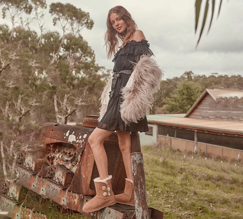 EVERAU UGG Boots Sheepskin Wool Short Twin Button Low Cost Snow Boots