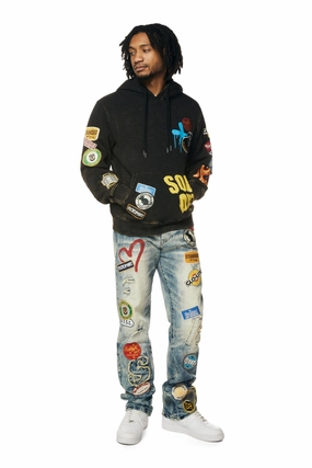 Smoke Rise Men's Multi Embroidered Patched Enzyme Washed Hooded Sweatshirt Sweatshirts Nz