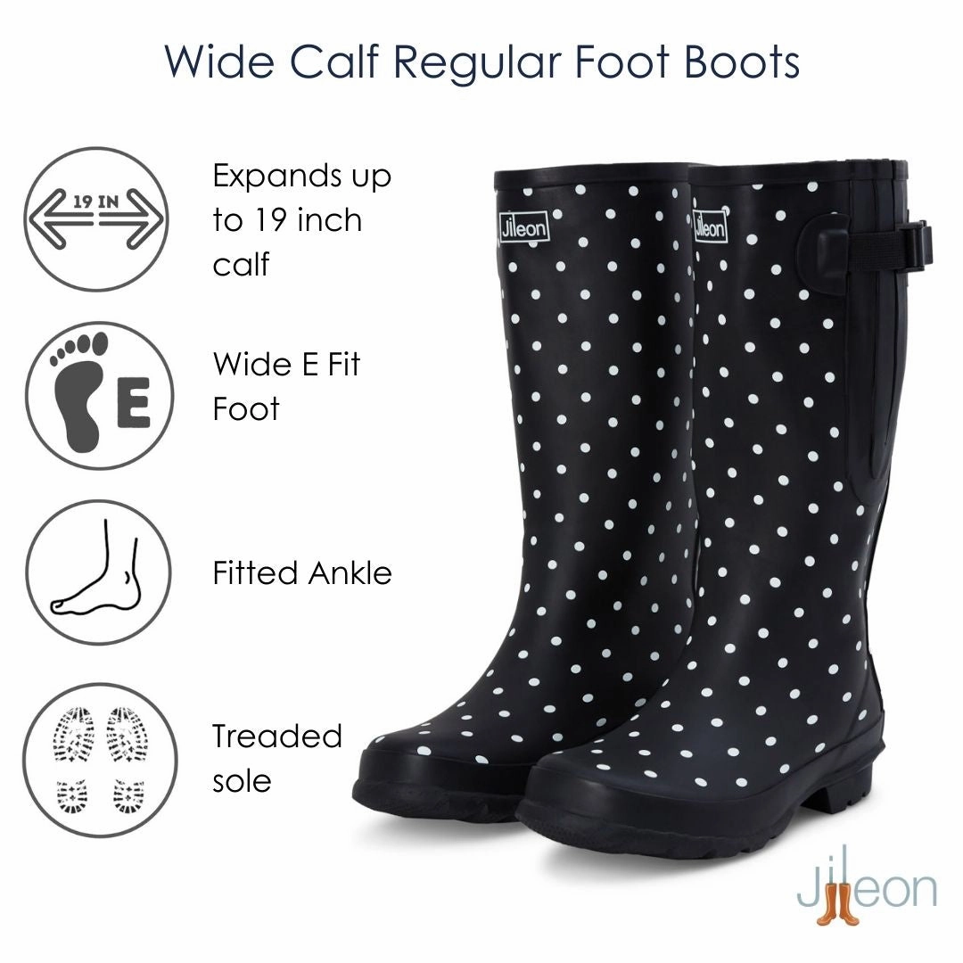 Wide Calf Rain Boots - 15 to 19 inch calf - Black Spotty- Regular Fit in Ankle Chunky Ankle Boot