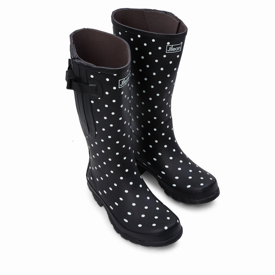 Wide Calf Rain Boots - 15 to 19 inch calf - Black Spotty- Regular Fit in Ankle Trust Chunky Platform Sole Sock Ankle Boots