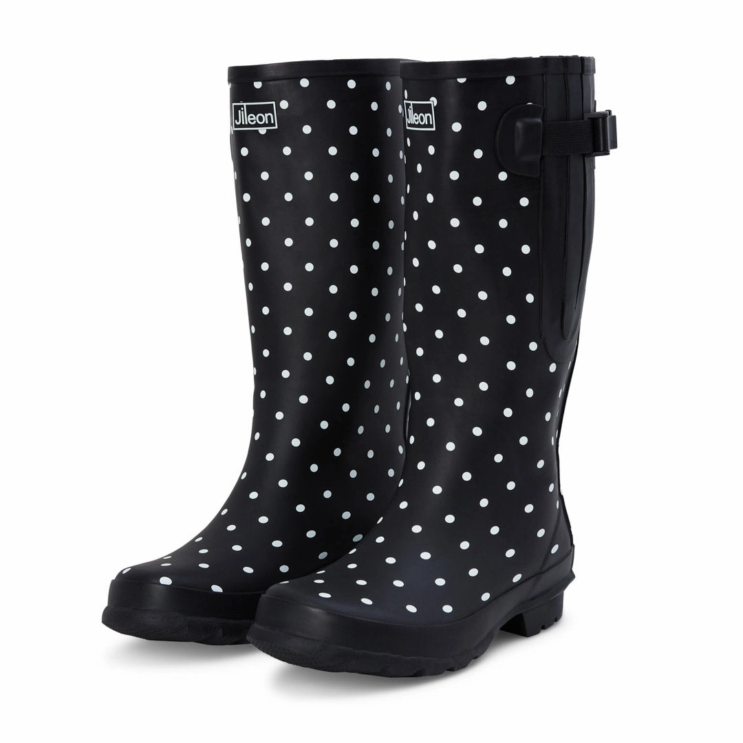 Wide Calf Rain Boots - 15 to 19 inch calf - Black Spotty- Regular Fit in Ankle Bolo Ankle Boots