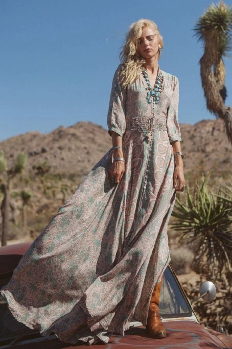 Molly Make Them Stop And Stare Maxi Dress Boho Maxi Dress Floral Chiffon "Blossom" Thin Breezy Turquoise Tan Summer Gown 3/4 Peasant Sleeves Small Medium Large XL Or Plus Size 2X XXL Or 3X XXXL