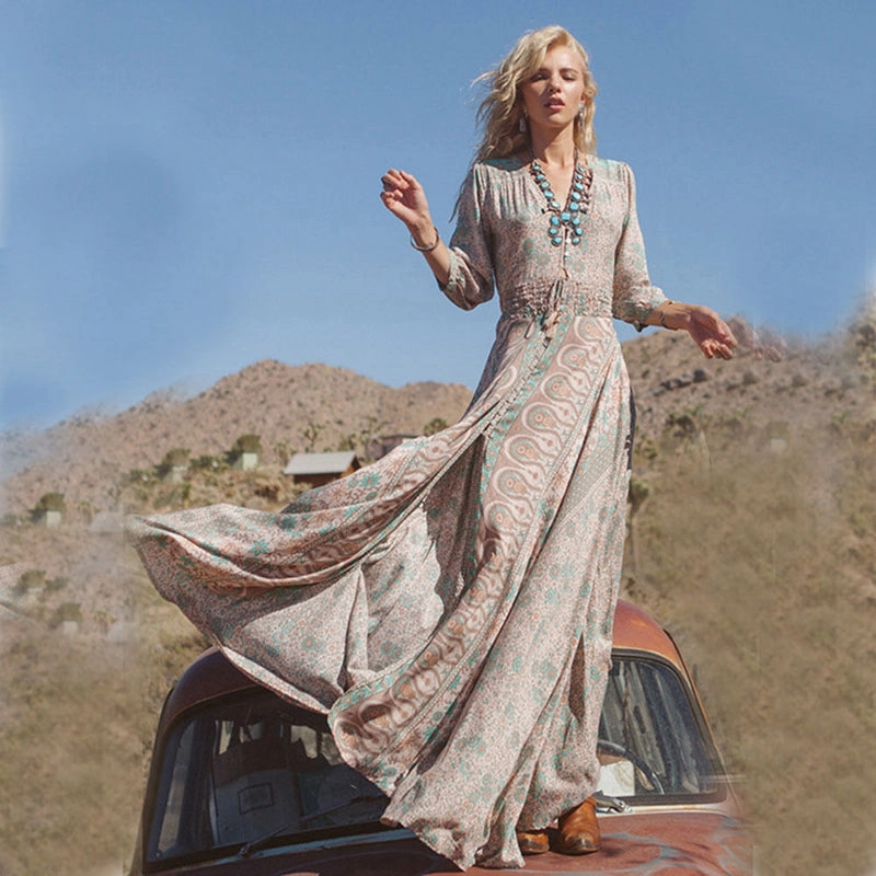 Boho Maxi Dress Floral Chiffon "Blossom" Thin Breezy Turquoise Tan Summer Gown 3/4 Peasant Sleeves Small Medium Large XL Or Plus Size 2X XXL Or 3X XXXL Satin Maxi Dress Floral