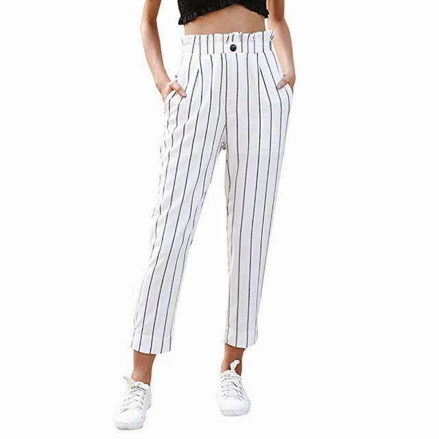 Patch Pocket Flare Cargo Pants Fashion Summer Striped Straight Leg Casual Pants Women High Waist Striped Casual Butto Pants With Pockets Ladies Trousers #612